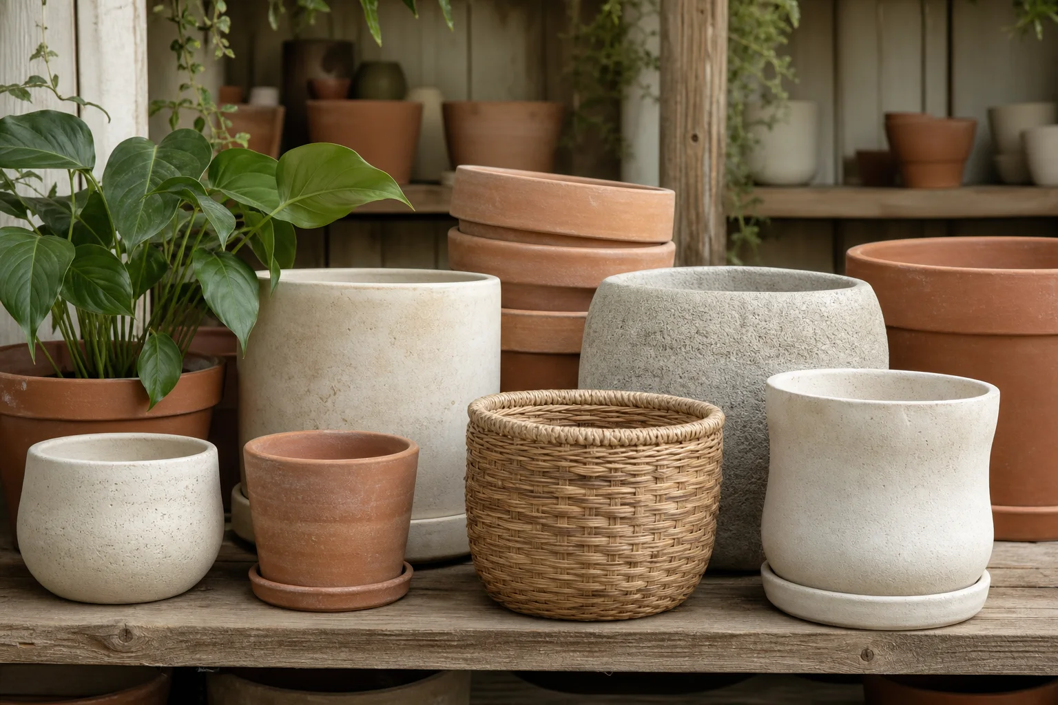 Vasos de barro, terracota, polietileno e cachepôs para plantas