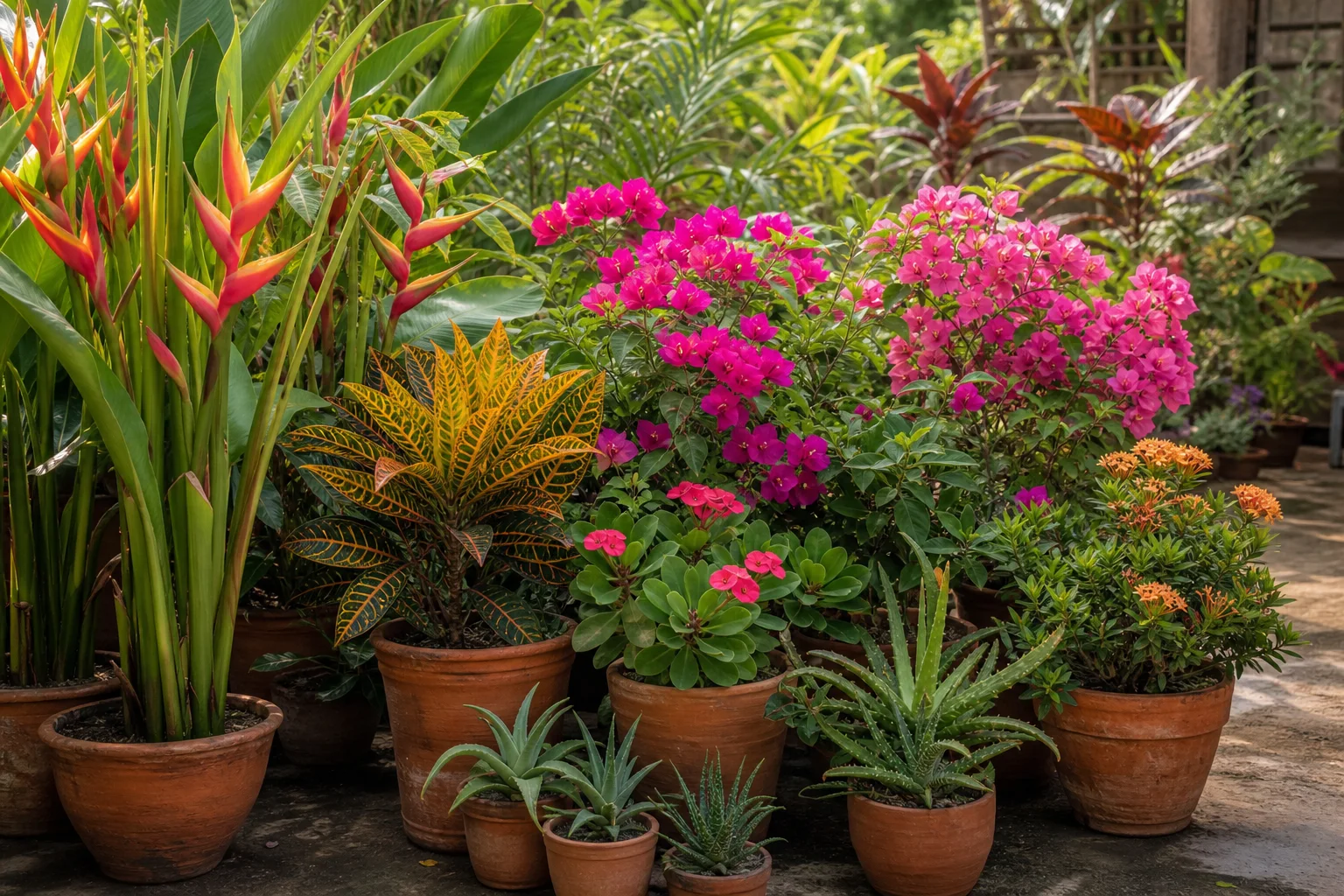 Palmeiras, flores e plantas tropicais de sol em Manaus