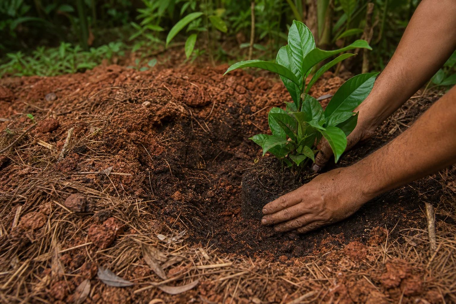 Muda sendo plantada em solo argiloso preparado